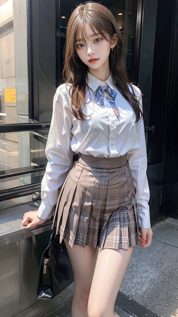 1 giantess standing above the city，Graceful figure，1 girl,big deal_breast, long_sleeve, outdoor, , shooting, Plaid, Plaid_skirt, strength_Lines, School_, skirt, Sky, alone, underwear, upskirt, Utilities_No, wind_turbine,realistic art,(emphasize),Look up at camera,a giantess, crying a little、 Harajuku style、20 year old girl、cute type、lolita、beautiful legs,
