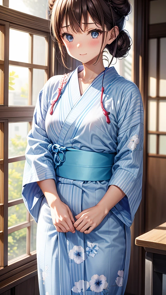 Earphones in ears,A bun is tied up,hair color brown,Light blue morning glory pattern yukata