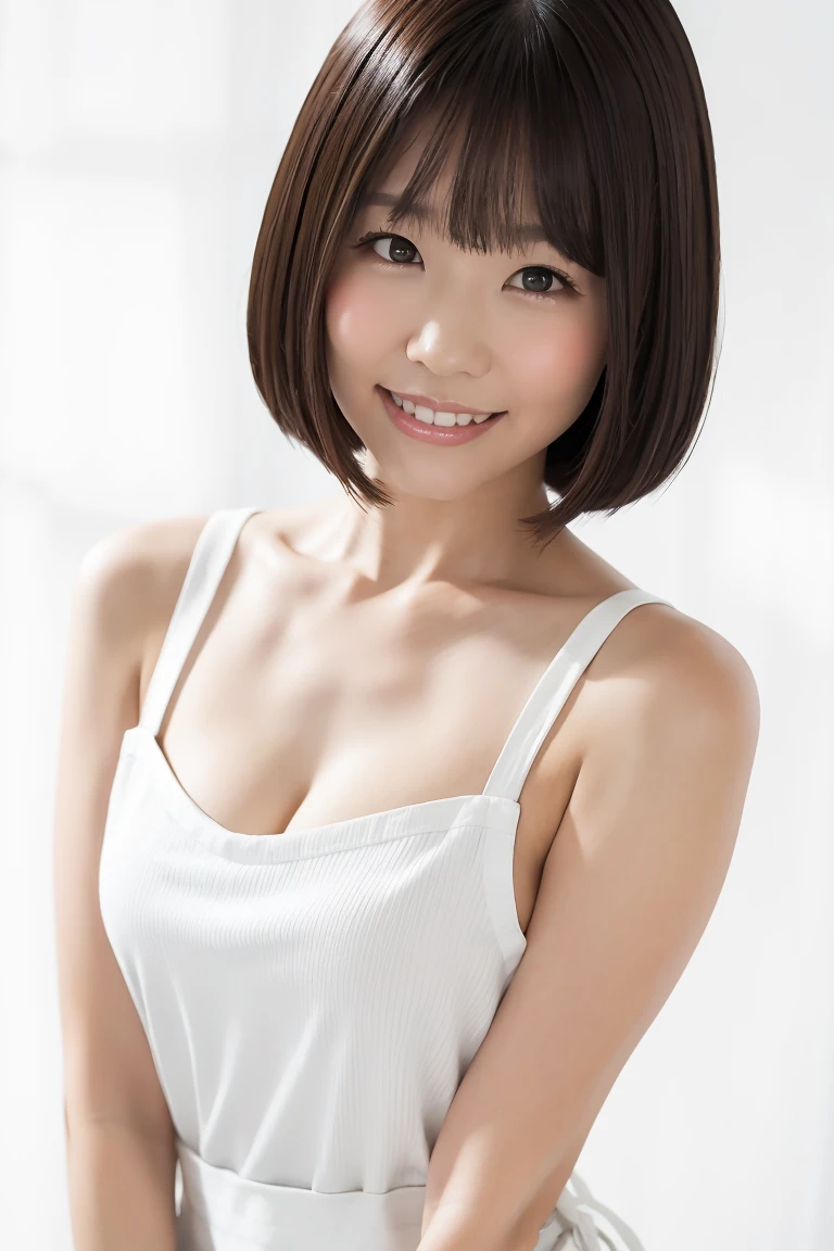 (Highest quality、Tabletop、8K、Best image quality、Award-winning works)、1. pretty girl、(Short Bob Hair:1.1)、(Naked and white apron:1.2)、Perfect girl portrait photo、Glowing Skin、Brown Hair、(Large Breasts:1.3)、(Accentuate your body lines:1.1)、Standing Elegantly、(Face close-up:1.3)、Woman looking up at me、Cute Smile、(The simplest solid white background:1.4)