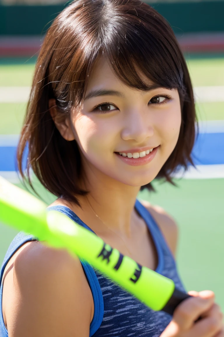 A half-Japanese, half-American woman holding a tennis racket(1.4)
Standing facing the camera(1.2)
Camisole with a transparent skin(1.6)
Slightly larger breasts(1.2)
Looking into the camera(1.0)
Enjoying tennis(1.3)
mini skirt(1.3)
The background is a tennis court and looks great in online photos., Long eyelashes, Snowflake Earrings,
(RAW Photos, Highest quality), (reality, reality的:1.4), (flying debris),
Beautiful details, Beautiful lip detail, Highly detailed eyes and face,
The whole body is slim and short hair(1.3)
Smiling Kindly(1.6)
She smiles shyly