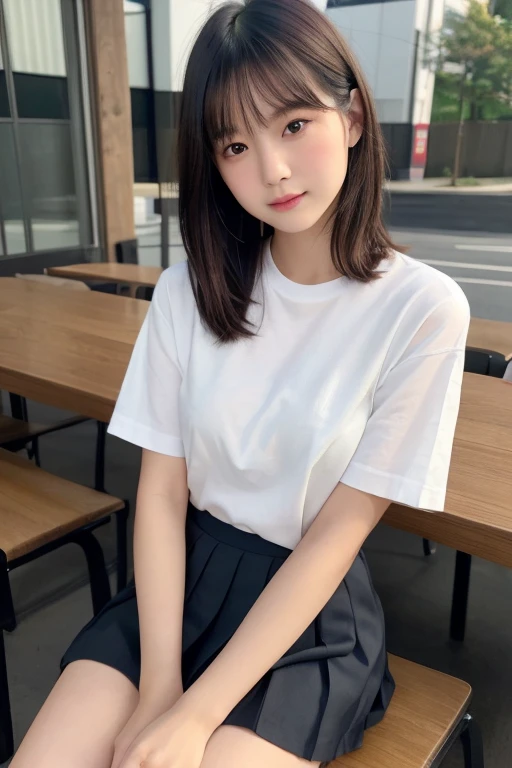 (High resolution、8K:1.3)、(Ultra-realistic as a photo:1.3)、Very nice finish、Sharp focus, 超High resolutionの顔、Highest quality、The face is in focus、Ultra high definition and beautiful eyes、Eyes are symmetrical:1.3、High quality and beautiful skin、Firm Skin、Japanese Girls, very cute、17 years old、(Short sleeve shirt、Pleated skirt、mini skirt), indoor、Sitting、Natural Makeup, (blush:1.3), (Embarrassing:1.3)、(View your audience:1.3)，short hair, Messy Hair
