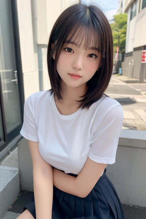 (High resolution、8K:1.3)、(Ultra-realistic as a photo:1.3)、Very nice finish、Sharp focus, 超High resolutionの顔、Highest quality、The face is in focus、Ultra high definition and beautiful eyes、Eyes are symmetrical:1.3、High quality and beautiful skin、Firm Skin、Japanese Girls, very cute、、(Short sleeve shirt、Pleated skirt、mini skirt), indoor、Sitting、Natural Makeup, (blush:1.3), (Embarrassing:1.3)、(View your audience:1.3),short hair, Messy Hair