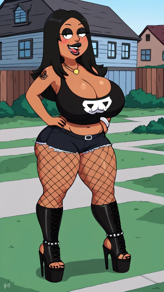 francine, flat color, black hair, 1girl, long hair, white braclet, extra massive breasts, dark skin, solo, necklace, cleavage, black goth clothes, black lips, ((nsfw)), standing, looking at viewer, outdoors, full-body, smile, blushing, open-toe platform spiked boots, black eyeliner, multiple tattoos, plump mouth, fishnet leggings, thick thighs, thick ass, bimbo, tongue sticking out