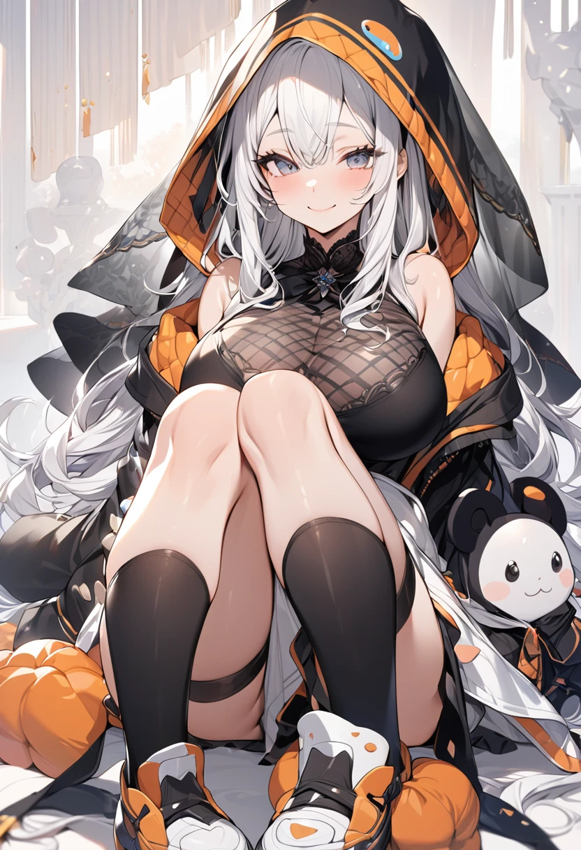 ((Highest quality)), ((masterpiece)), ((Very detailed)), (Very mature),A cute high school girl with a gentle look, white hair and about 165cm tall.,A female high school student with big breasts and a cute smile wearing a transparent black waifus with a cute patterned hood that shows off her shoulders, 顔が若干縦方向に長いbright笑顔の女性,Small Faced Woman,alone, Cute attitude,(background(bright),Long Hair - Straight,Knee-high socks、A transparent white veil with a cute pattern and a hood with white off-the-shoulders,White wall、Sitting、Facing the viewer、縁に模様がある壁が1面のbackground