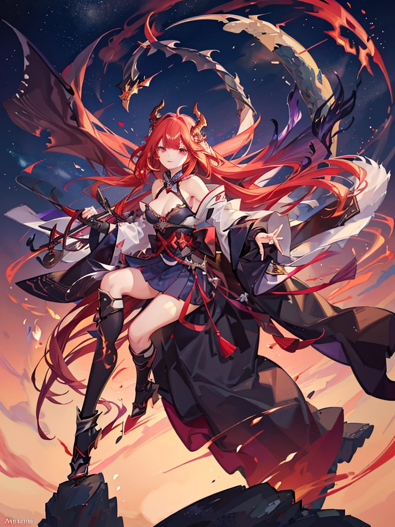 **Anime Art、A space illuminated with vibrant red and purple diagonal lines、One girl、Red Dragon personified、Small horns, red, angular long hair, bangs, large red eyes, a smirking expression、Wears armor that resembles a dragon、Equipped with two large shining Japanese swords、Two-sword fighting stance