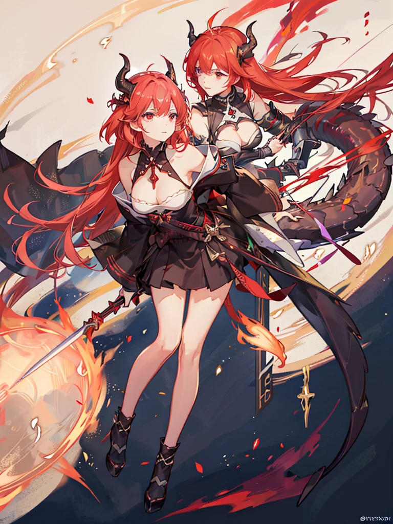 **Anime Art、A space illuminated with vibrant red and purple diagonal lines、One girl、Red Dragon personified、Small horns, red, angular long hair, bangs, large red eyes, a smirking expression、Wears armor that resembles a dragon、Equipped with two large shining Japanese swords、Two-sword fighting stance