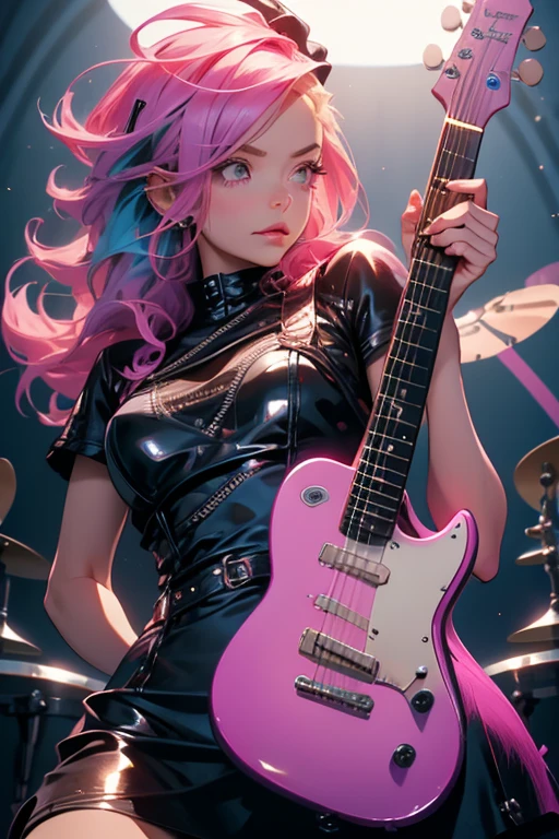 A pink haired woman with violet eyes with an hourglass figure in a cool leather dress is playing guitar on a stage