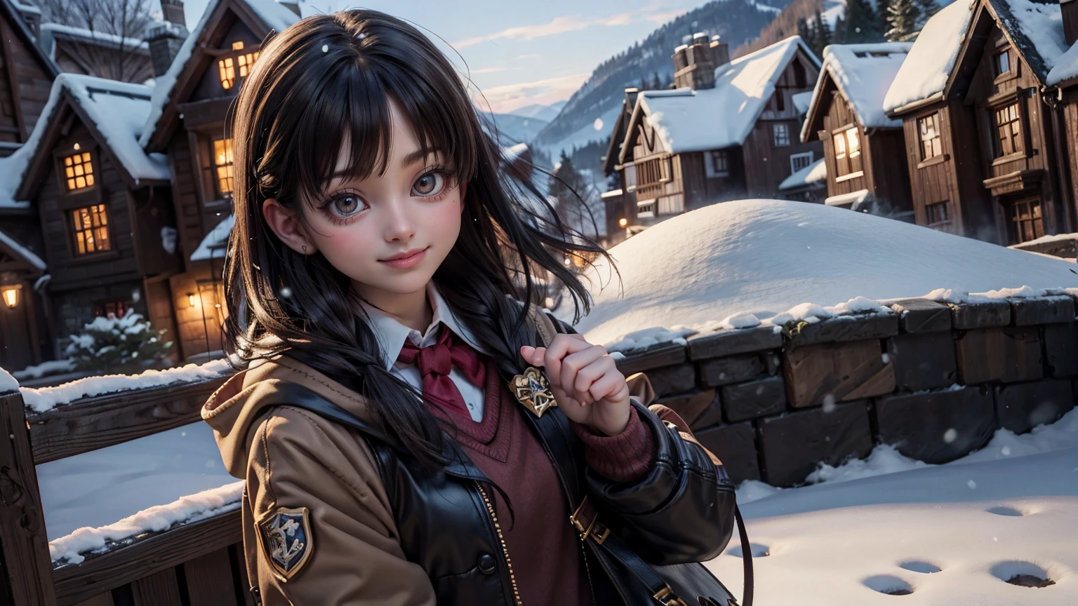 cute smiley bright face girl with standing pose, snow weather, front view of harry potter school, harry potter school