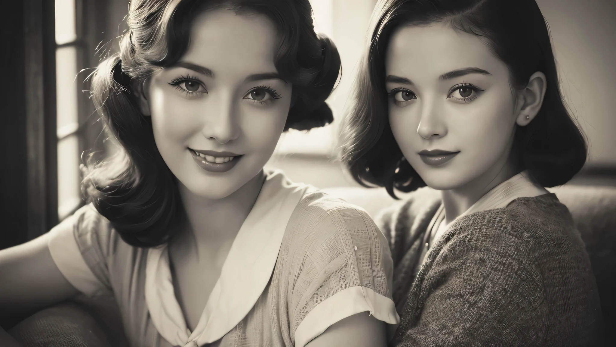(1940s girl:1.3), (1girl:1.3), (smile shyly), (highly detailed face), (extremely detailed beautiful face), (Early Showa hairstyle, retro hairstyle, 1940 fashionable clothing, oldies fashion:1.3), (Best Quality:1.4), (Ultra-detailed), extremely detailed CG unified 8k wallpaper, Realistic portrait, Beautiful detailed, High-definition raw color photos, professional photography, (fine face:1.2), focus on women, (oldies, oldies songs, Old photos, retro photos, sepia photos, black and white photos, valuable photos that give you a sense of the times), A scene from a retro movie from the 1940s,