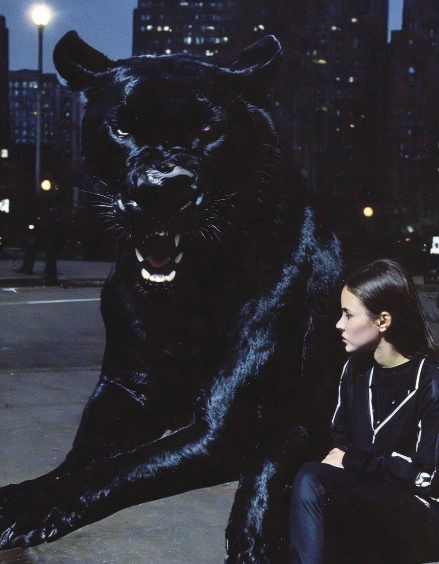 girl sits near giant black panther on new york street at night