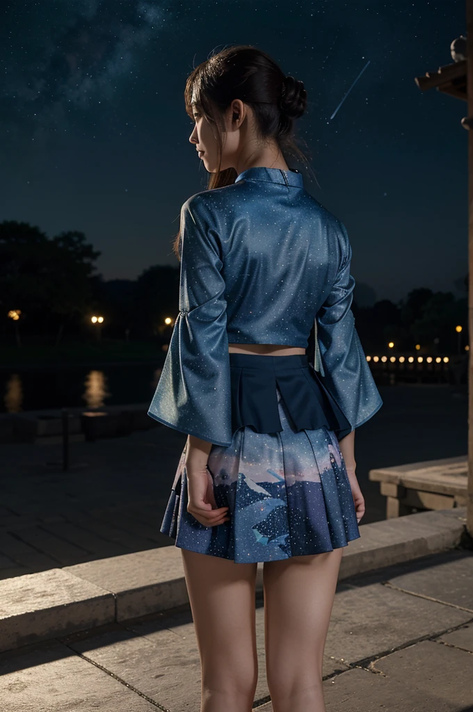 masterpiece, best quality, 1 Girl, Solitary, guizhong_Genshin Impact, default_skirt, From the back, Starry sky print, Sleeves that cover the wrists, barefoot