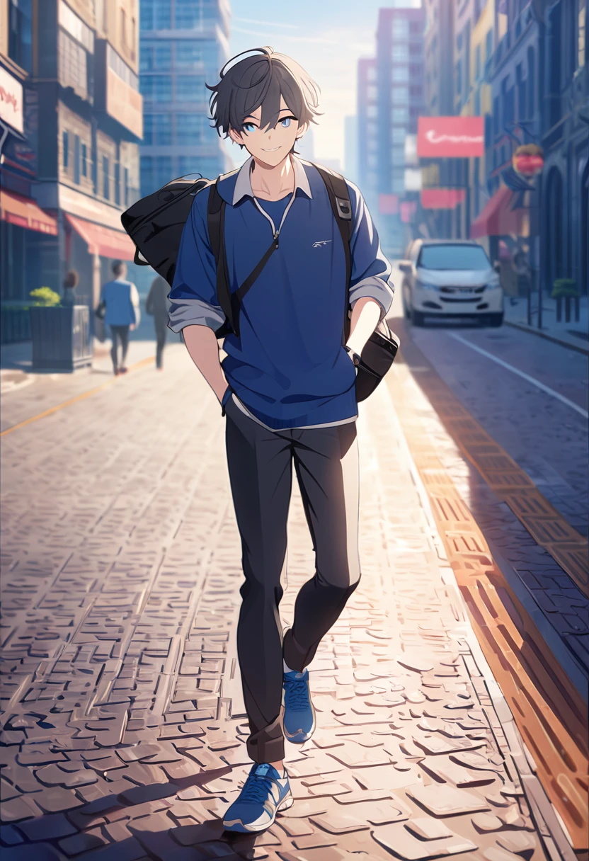 masterpiece,best quality,depth of field,8K,looking at the viewer,running shoes,dark gray hair,blue eyes,man,hands in pockets,smiling,alone,Handsome,(charismatic 눈 1:1),wseifuku,blue achive,wearing,city,man,With a sports bag slung over your shoulder,charismatic