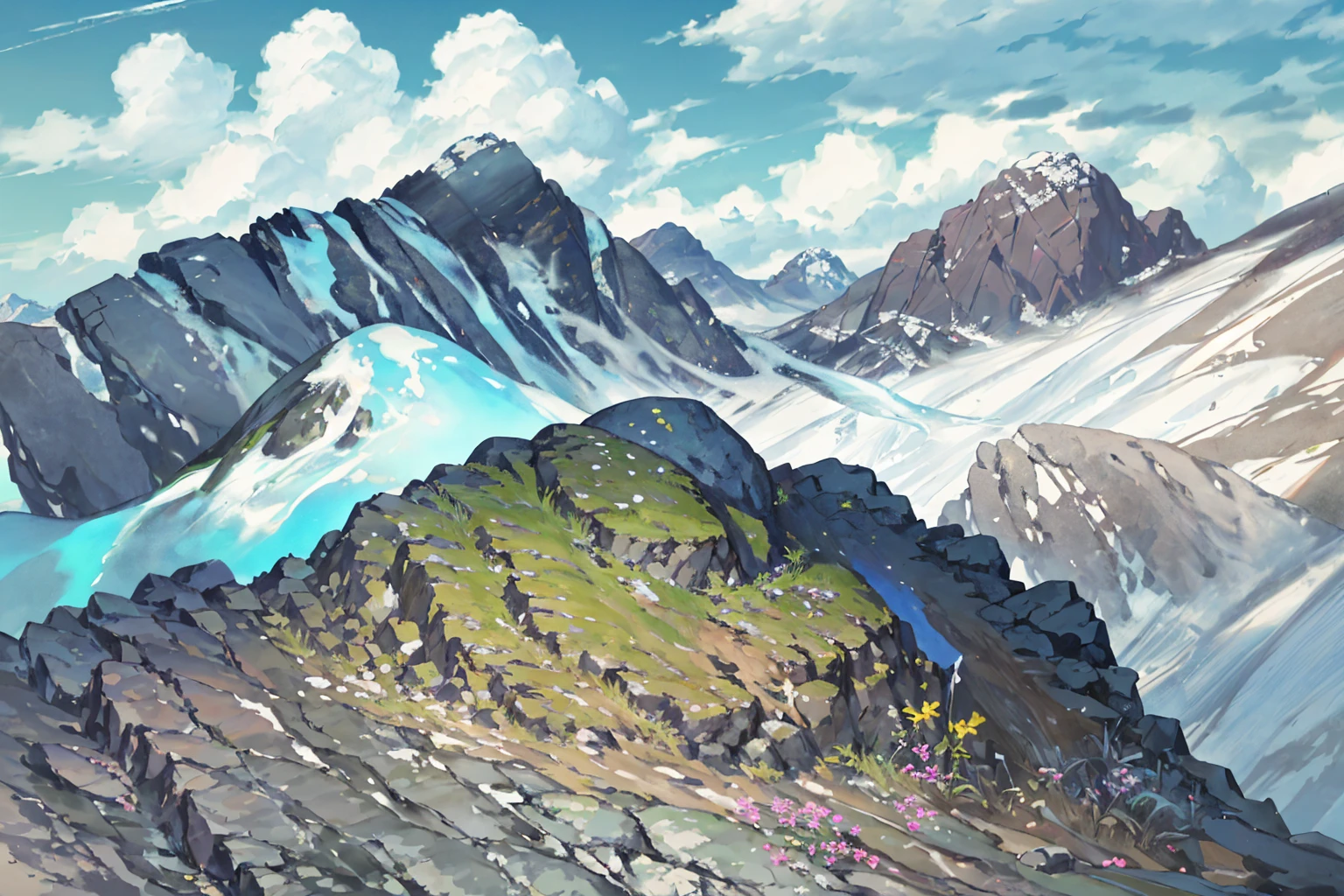 summer, rocky area, rock formation, (illustration : 1.0), Narrative composition, realistic lighting, HD detail, masterpiece, best quality best, (Highly detailed CG integrated 8k wallpaper), wide and flat rocky area, A small, sharp, rough rock at the top of the screen.