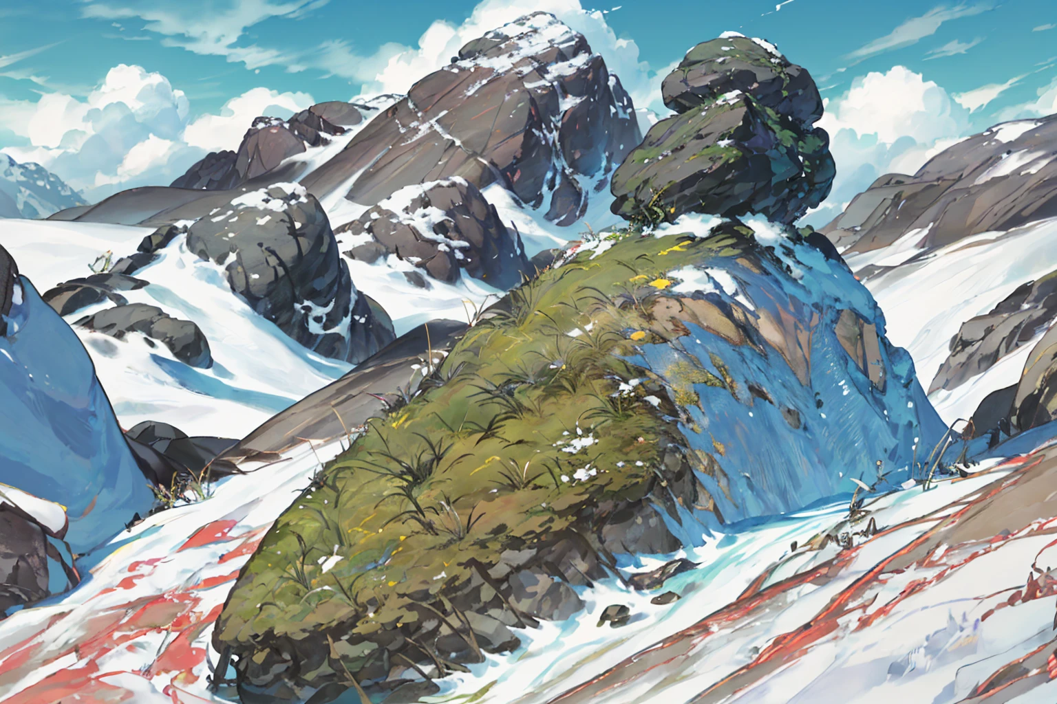 summer, rocky area, rock formation, (illustration : 1.0), Narrative composition, realistic lighting, HD detail, masterpiece, best quality best, (Highly detailed CG integrated 8k wallpaper), wide and flat rocky area, A small, sharp, rough rock at the top of the screen.
