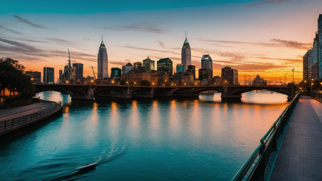 RAW photo of a landscape, small details, photorealistic, ultra-realistic photo, 8k uhd, dslr, soft lighting, high quality, film grain, Fujifilm XT3, (masterpiece), an urban landscape with a river flowing through a bustling city at sunset. The river is lined with modern skyscrapers, historic buildings, and intricate bridges. The sky is painted with hues of teal and orange as the sun sets, casting a warm glow over the cityscape. City lights begin to twinkle, reflecting off the water's surface alongside the colorful sky, creating a stunning, vibrant scene. Boats can be seen on the river, and pedestrians stroll along riverside paths, enjoying the beauty of the teal and orange sunset in the heart of the city.
