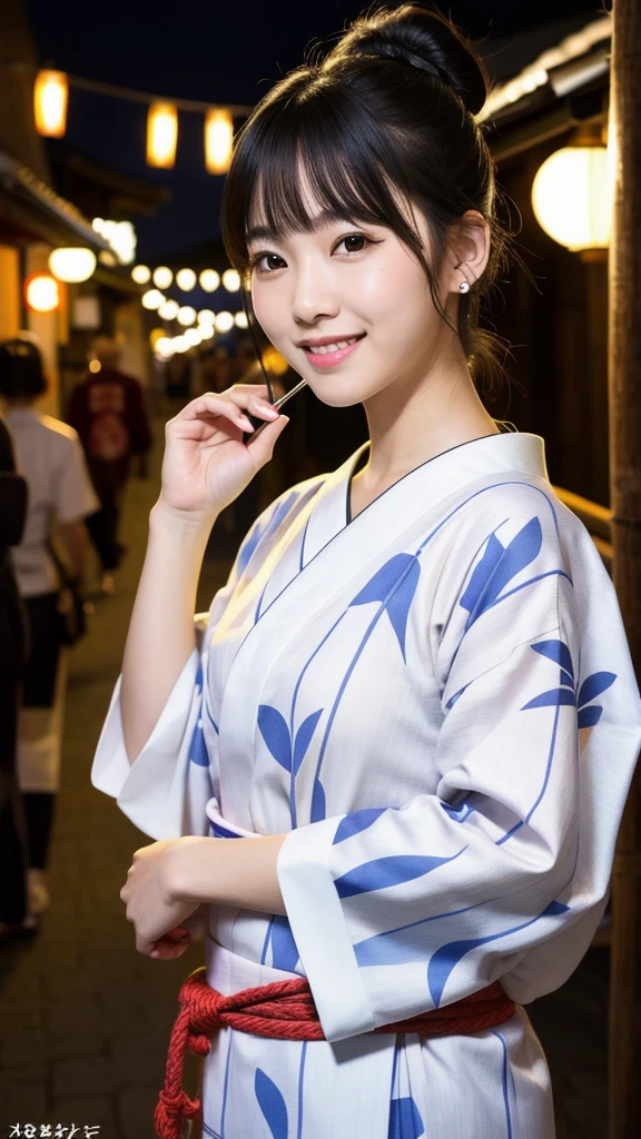 ((masterpiece、top-quality、ultra-definition、hight resolution))、独奏、a beauty girl、radiant eyes、perfect eyes、Japan's beautiful sister、Yukata with white floral pattern、full bodyesbian、is standing、Eat soft-serve ice cream、Bun hair、Night background、high-level image quality、4K.