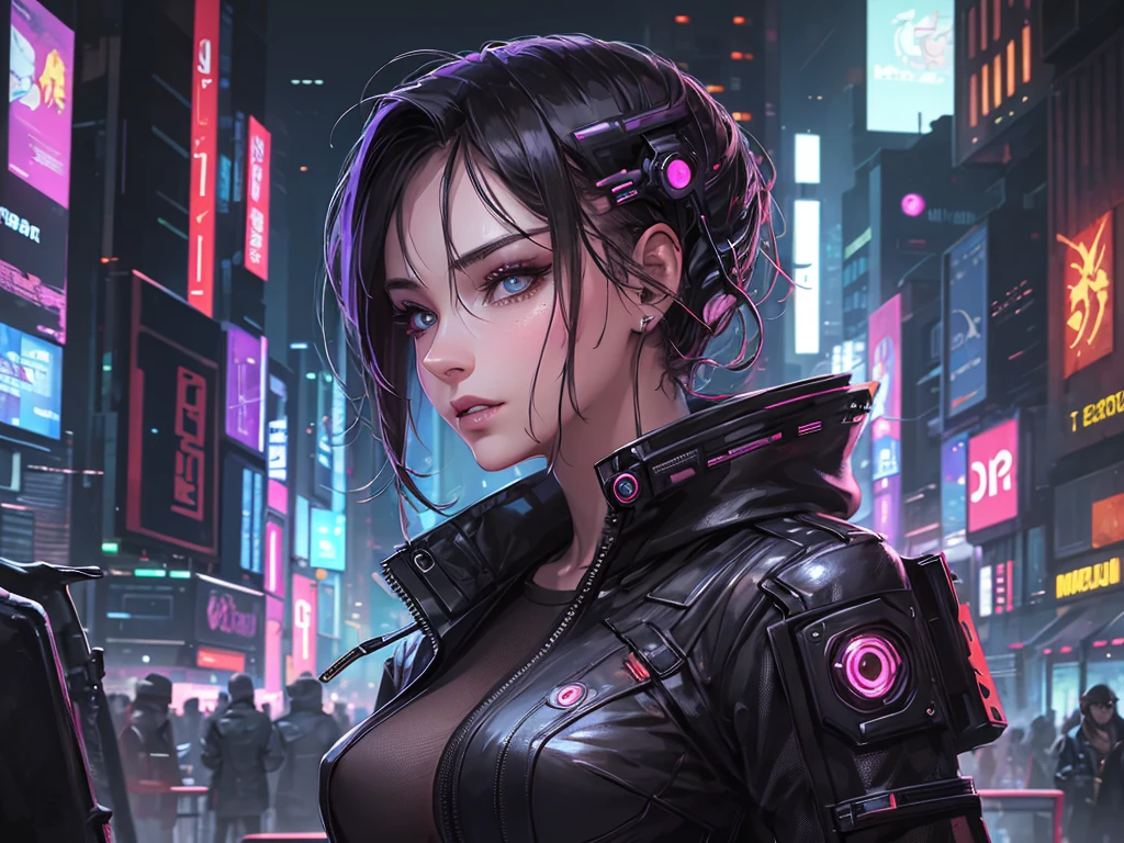 (masterpiece), (best quality), (very detailed), (1 person), (cyberpunk), future city background, detailed eyes, Detailed nose, Detailed lips, perfect face, perfect body, revealing clothing, (((whole body))), placed on the left
