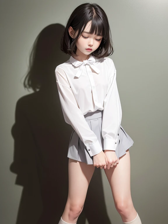 (masterpiece、Highest quality:1.7)、(13 years old:1.5)、(Above the knee shot:1.5)、Bobcut、Black Hair、85mm、16K、Official Art、RAW Photos、Best Beautiful Faces、Close-up、Violet、Gardenia、((The best beautiful girl、very cute))、Red blush on cheeks、indoor、(Are standing:1.8)、Film Grain、Chromatic Aberration、Sharp Focus、(((Nice hands、Perfect hands、Perfect Fingers、Thin and delicate fingers、A perfect body without flaws)))、Detailed face、(Slender body:1.5)、(Slender body:1.4)、(Small breasts:1.7)、(Let your bangs hang down:1.8)、(Blushing:1.8)、(Low contrast lighting:1.2)、(White tight business blouse with collar:1.5)、(White bow tie blouse:1.3)、(Long sleeve: 1.5)、(White pleated mini skirt:1.5)、(White School Socks:1.5)、(Eyes closed:1.5)、(The skirt is blown up by the wind..8)
