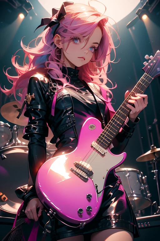 A pink haired woman with violet eyes with an hourglass figure in a cool leather dress is playing guitar on a stage