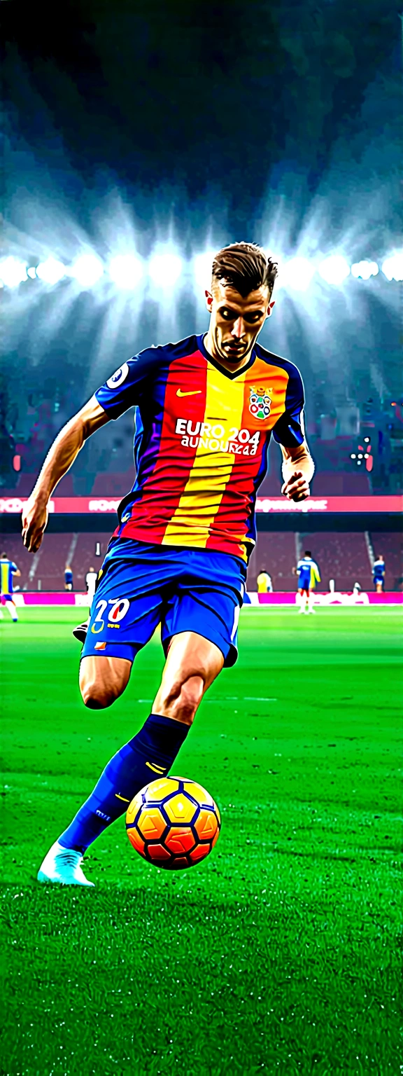 a professional european football player in rainbow jersey kicking an orange ball, dynamic composition, award-winning photography, epic text, advertising text "Euro 2024", cinematic, dramatic lighting, wide angle, high contrast, vibrant colors, hyper-realistic, 8k, cinematic lighting, volumetric lighting, god rays, depth of field, film grain, color grading, dramatic shadows, moody atmosphere, heroic, powerful, inspiring