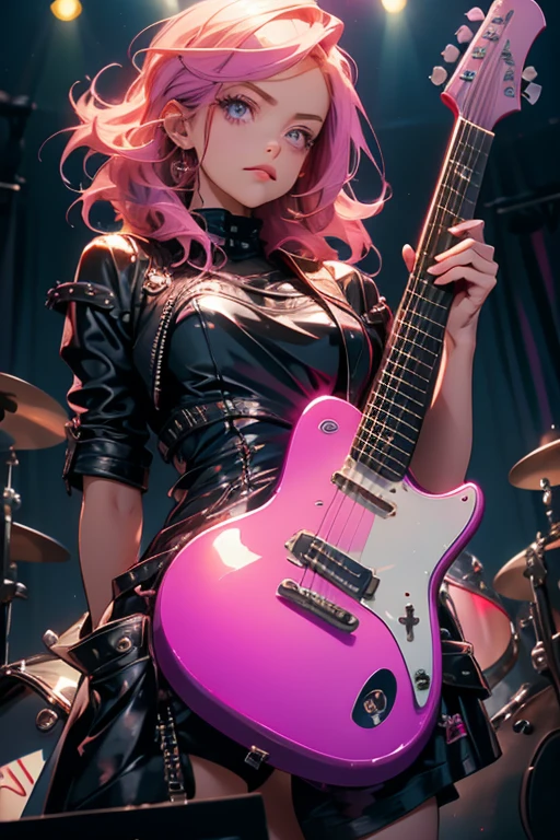 A pink haired woman with violet eyes with an hourglass figure in a cool leather dress is playing guitar on a stage