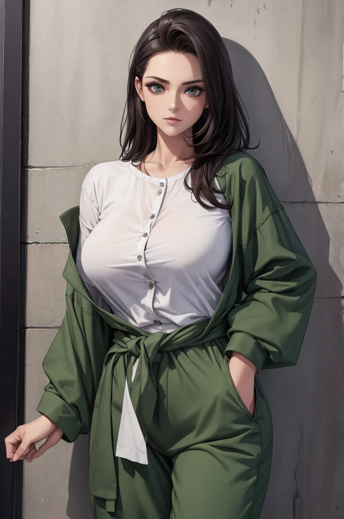 She is wearing a baggy jumpsuit, that falls relaxedly on your body, giving a feeling of comfort and casualness. The sleeves of the jumpsuit are untied and hang freely beside her legs., while she tied them around her waist, creating an improvised belt effect. This tie accentuates your waist and adds a stylish and unpretentious touch to your look..