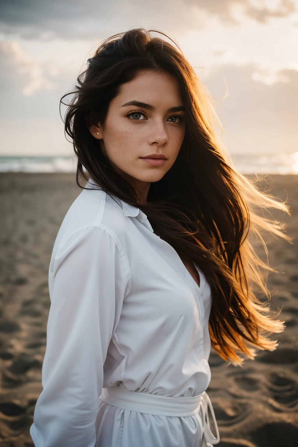 Nordic women,A strong wind is blowing,Beach Long Hair,Cool look,38 years old,Gaze to the left,film shooting,Cloudy,White shirt,Black Hair,A few freckles,snow,Flying Hair,Big messy hair,Surrealism,depth of field,Cold wind,Hair in face,lens flare, f/1.2, 85mm, Canon, uhd, retina,Morning Glow,ass pov, Soft Flare, f/1.4, 85mm, canon,
