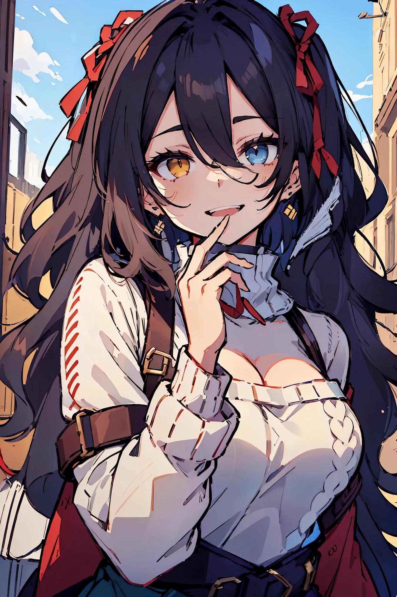 (masterpiece:1.2), (high quality:1.2), (hui xiyi:0.55)rekkyo sensen, rekkyou sensen, girls with((black hair, bangs, (one side up, long wavy hair:1.55), hand up, waving is hands, perfect hands, perfect fingers, exposed breasts, tits cleavage, breasts close up, dress((suspenders, dress:0.65), (belts:0.7), (blue clothes, frills shirt, white knit sweater, long sleeves, straps, ribbon:1.2)), upper body)), background with((fantasy world, ruin, castle, beautiful sky, shining sky, sunshine))