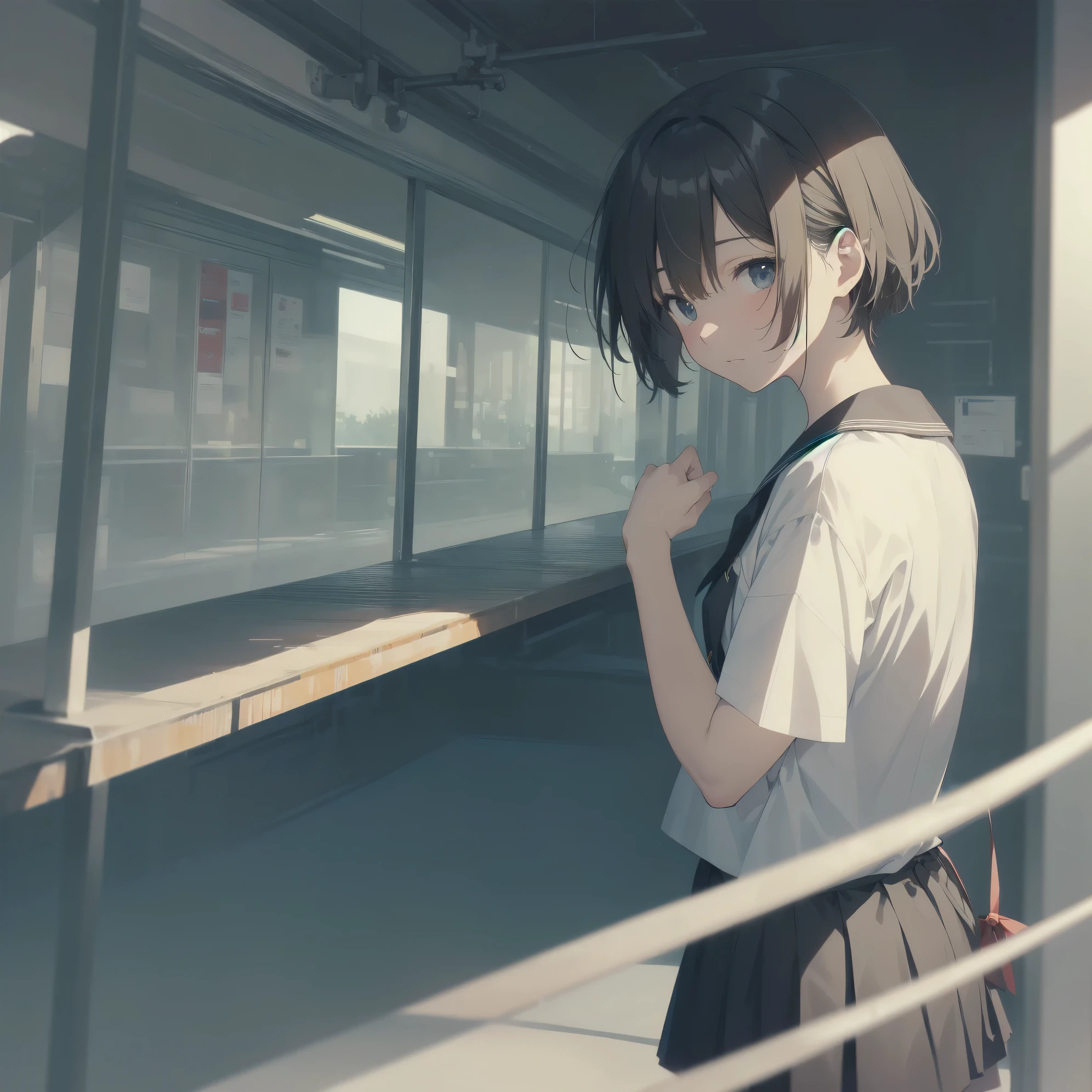 ultra-absurdres-Top quality by artist God, ultra-detailed, high resolution, anime moe artstyle, best anime 8k konachan wallpaper, pixiv contest winner, pool:2810, perfect anatomy,break, 1girl, (Please draw a girl walking sleepily to school alone. )break,(Solo,little female, 13-year-old:1.3),Full limbs, complete fingers,a junior high school student, (very short hair), short cut, flat chest, , small butt, small black eyes, beautiful detailed eyes, well-proportioned iris and pupils, expressive eyes, highres detailed hair, soft expression, salor school_uniform, sailor collar, serahuku, bow, pleated skirt,(Detailed Lighting), (Detailed background), in the School commute route. break,super detailed skin, Best cinematic lighting powered by famous artist, 8k,beauty illustration,photoshop_(medium),very aesthetic,break,((artist:sincos )), artist:clamp ,artist:carnelian ,artist:kantoku ,