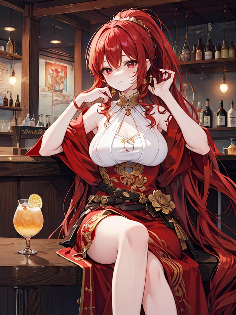 Long skirt, Anime style painting, An illustration, liquor, Woman sitting at a bar drinking a cocktail, look back, Turn your back, Small face, 背景の棚には多彩な色のliquor瓶が並んでいる, Quiet bar, Calm expression, Perfect hands, elder, Red Hair, The dignity of a 50-year-old, ほろ酔いのwoman, solo、(Highly detailed background:1.0)、(Highly detailed background:1.0)、masterpiece、Highest quality、(Babes)、Fractal Art、Red eyes、Narrow eyes、Black and red dress, Reddish lips、From the shoulders up、smile、One Woman、Red long ponytail, Curly Hair, Red eyes,Golden accessories, solo, Big Breasts, woman, Take-out, Provocative laughter,40 year old woman,Queen of Sadism, Highly detailed background, Perfect Human Medicine,