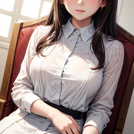 Close-up of a woman in a white blouse sitting on a chair, Gorgeous Young Korean Woman, White clothes are very transparent, Chest visible