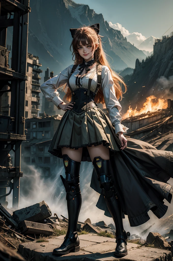 cowboy shot, smile, underbust, Penny Polendina, long hair, neck ribbon, suspender skirt, corset, black bow, white blouse, mechanical legs, neon trim, standing in city ruins on hill, in valley, hand on hip, BREAK mountains in background, waterfall, crowd, (crowd in military uniform), bonfires, post-apocalypse, dystopian future, (volumetric lighting), intricate details, tonemapping, sharp focus, hyper detailed,