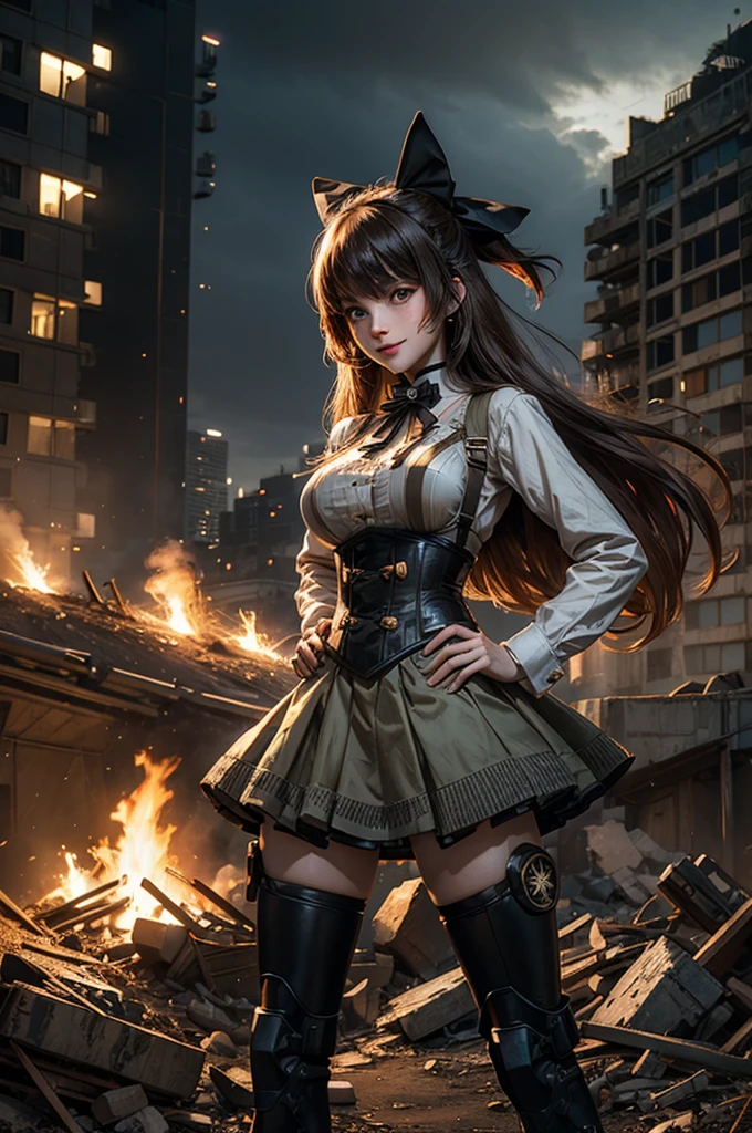 cowboy shot,  smile,  underbust, Penny Polendina, long hair, neck ribbon, suspender skirt, corset, black bow, white blouse, mechanical legs, neon trim, standing in city ruins on hill, in valley, hand on hip, BREAK mountains in background, waterfall, crowd, (crowd in military uniform), bonfires, post-apocalypse, dystopian future, (volumetric lighting), intricate details, tonemapping, sharp focus, hyper detailed, 

