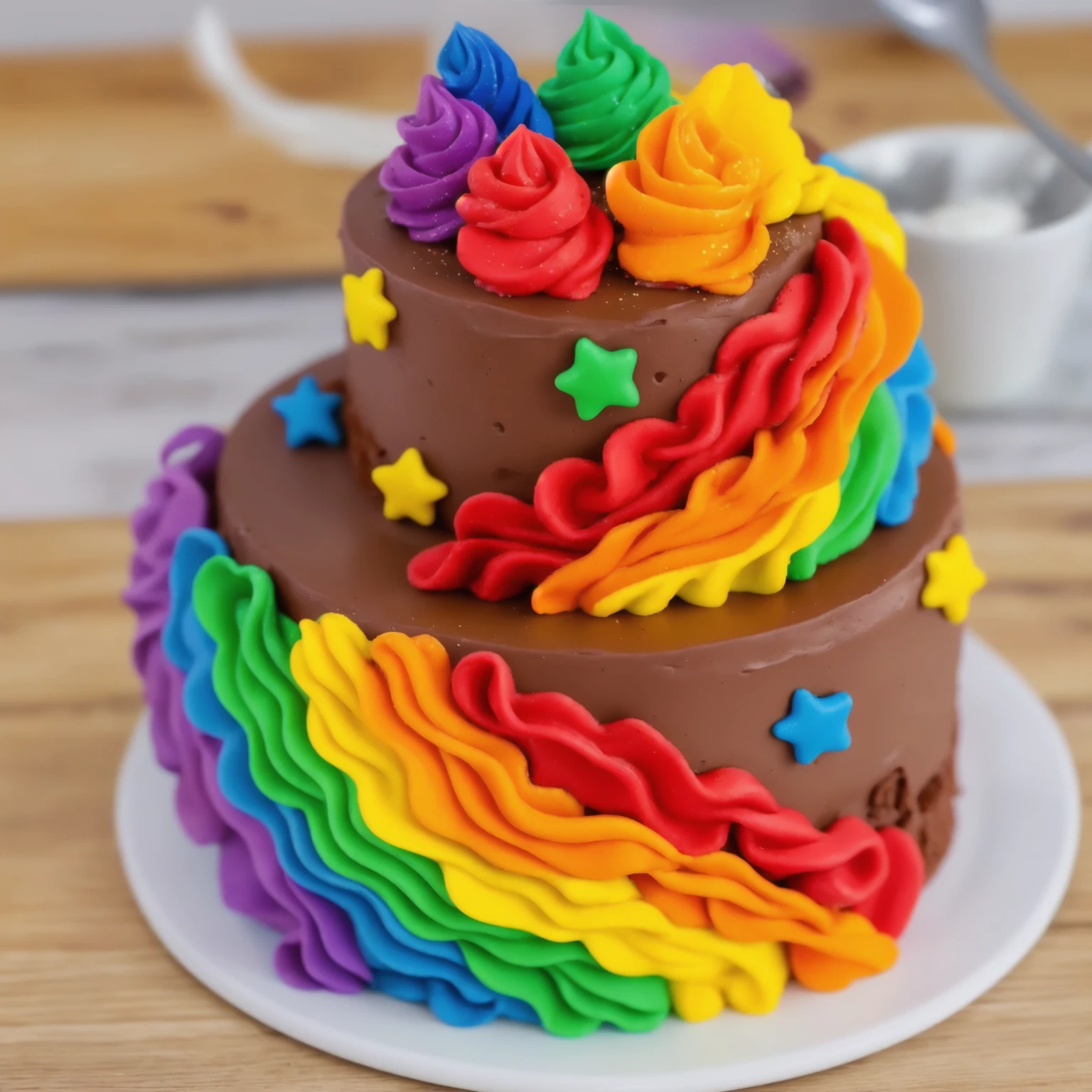 on a wooden table. there is a white plate. double tier chocolate cake, rainbow cream in the form of ruffles, decorated with rainbow stars made of polymer clay, multi-colored cream on top, against the background of the kitchen, Beautiful light from the window, Contour light, several light sources, beautiful lighting, Bright light source, bright lighting, beautiful light sources, Multiple light sources, Realistic style , realistic texture, detailed texture, A high resolution, high quality, beautiful photo of the cake, advertising photo, macro photography