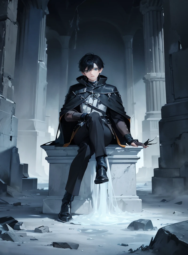 Boy with black hair sitting on a thorn of ice, looking down, a massive pillar of stone protruding upwards in the background.
His blue eyes glowed slightly making eerie atmosphere.