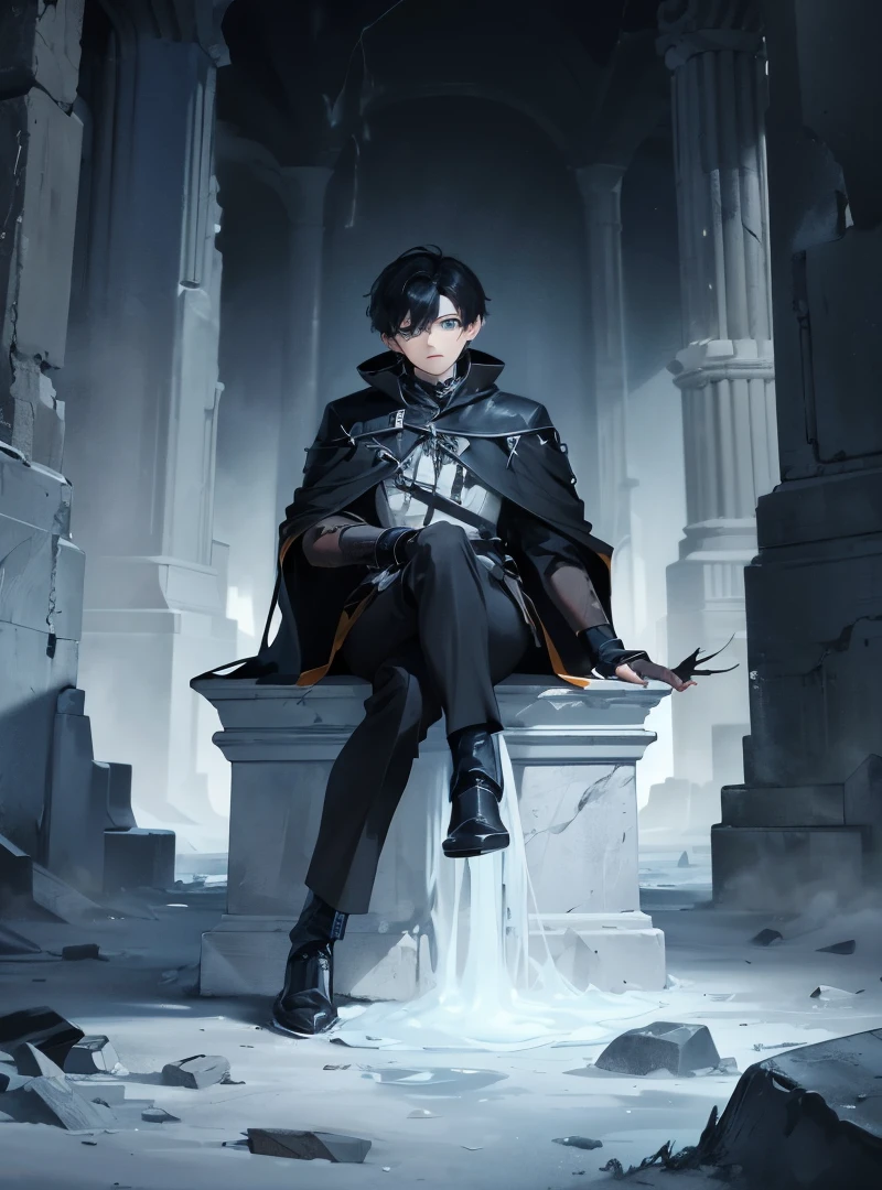 Boy with black hair sitting on a thorn of ice, looking down, a massive pillar of stone protruding upwards in the background.
His blue eyes glowed slightly making eerie atmosphere.