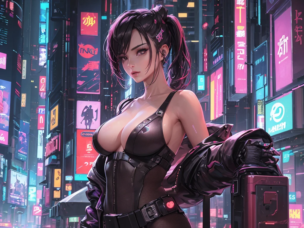 (masterpiece), (best quality), (very detailed), (1 person), (cyberpunk), future city background, detailed eyes, Detailed nose, Detailed lips, perfect face, perfect body, revealing clothing, (((whole body))), placed on the left