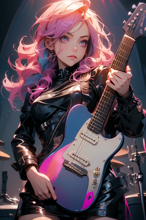 A pink haired woman with violet eyes with an hourglass figure in a cool leather dress is playing guitar on a stage