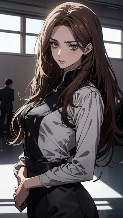 (Highest quality,High resolution,Super detailed),One girl, Beautiful attention to detail, Brown Hair, Straight long hair tied back, Wearing a black suit, Mature Woman, Age 25, Calm and composed, Slim figure, Pale complexion, thin, Calm, In the conference room.,secretary,Light blue eyes,Small breasts