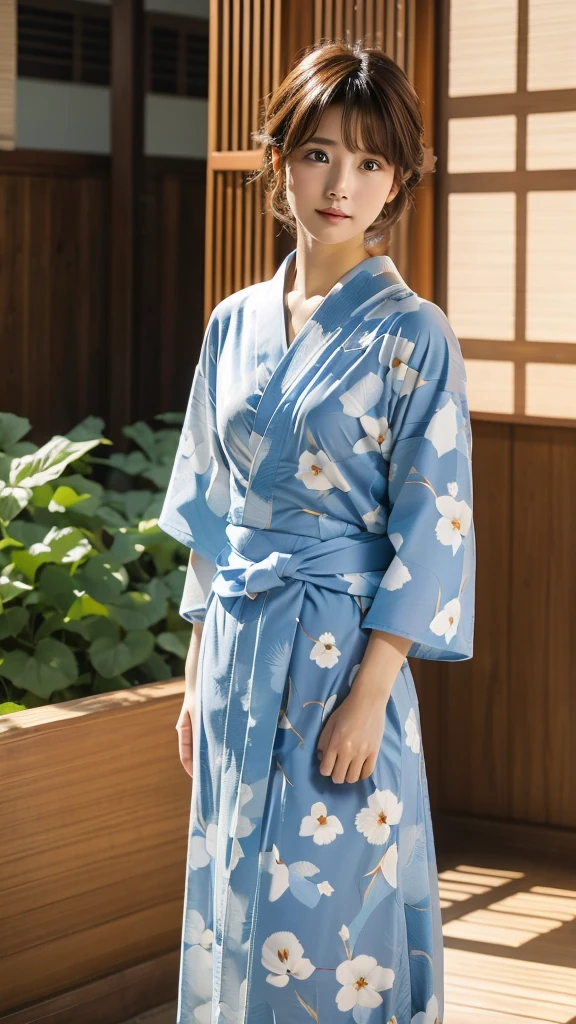 hair color brown,Light blue morning glory pattern yukata,semi-long