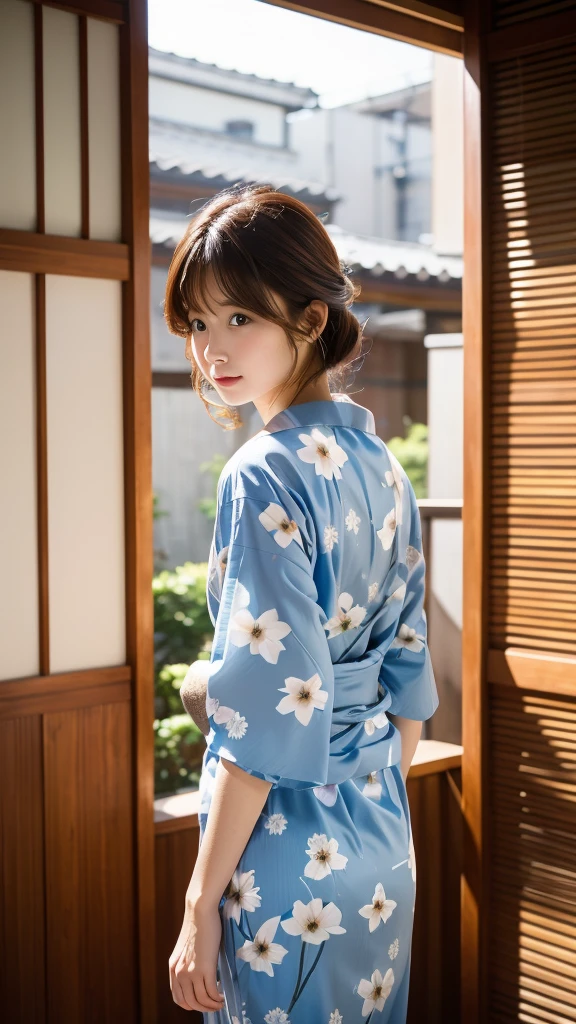 hair color brown,Light blue morning glory pattern yukata,semi-long