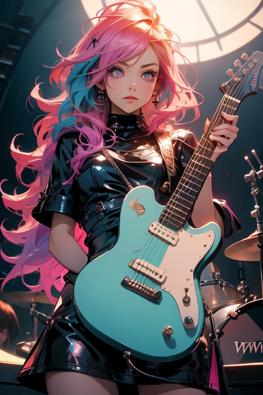conceptual installation pop art, best quality, super fine, 16k, incredibly absurdres, extremely detailed, 2.5D, delicate and dynamic depiction, cool and beautiful woman live performance, singing, playing electric guitar, guitar with star-shaped iridescent glitter body, dancing notes, sparkling effects, rainbow braided ponytail, forehead, amorous and lewd expression, wearing black shiny seamless rubber body suit, superlative body proportions, future punk, abandoned city