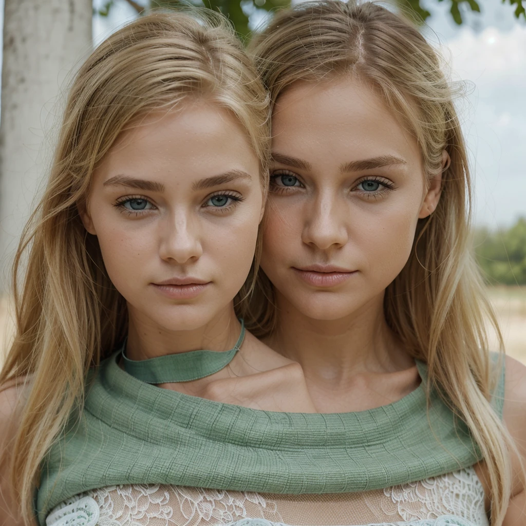 2 blonde Girls, Beautiful, Baby symmetric Face, ,,enormous Breasts ,((neglected )),,((very nsfw))((lace negilgé)) touching each other o long blonde curly and wavy golden Hair tied in a ponytail, adorable masterpiece ((yellow honey colored eyes)) , very thick hourglass figure body, closeup view , soft dark ambient lights,both looking at viewer.