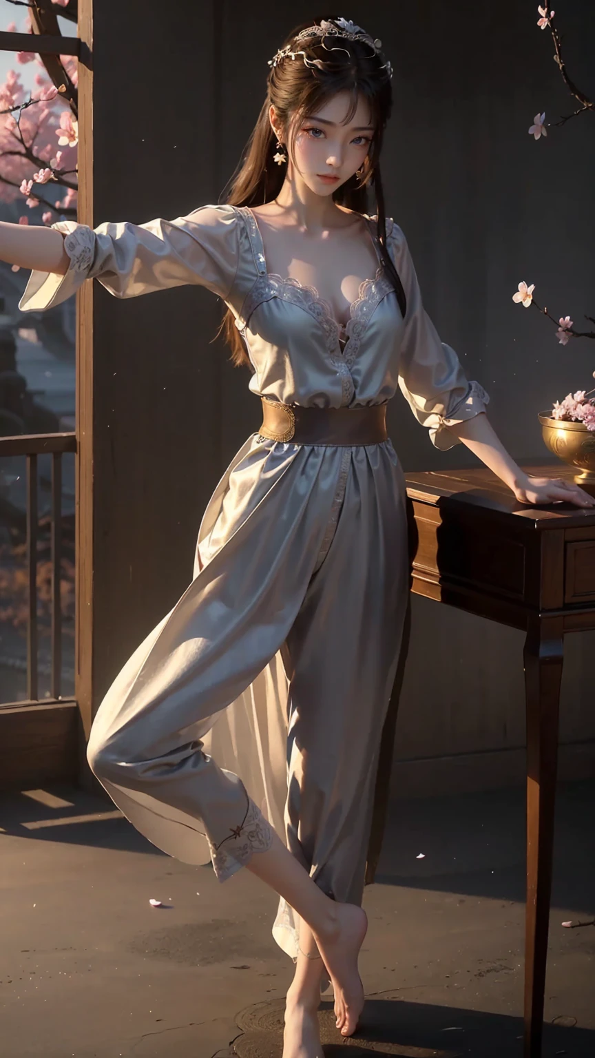 (Logo、masterpiece、8K、On the table、RAW photos、wonderful、最high quality、Photorealistic and hVery detailed CG integrated 8K wallpaper、high quality、Very detailed、Narrative Poems、Particle Effects、dynamic effect)、fantasy、 (1 beautiful woman、Pretty Face、serious、Beautiful and delicate eyes、Beautiful skin、Woman dancing gracefully:1.4)、头发在wind中飘舞、hair jump、camisole、Silver earrings、night、wind、snow and 霜、Very cold winter day、Bathtub side、wonderful scenery、美丽的自然wind光、night sky、wind、Cherry blossoms、Cherry blossomsの花びらが舞っている、Fubuki Sakura、Falling Flowers,Suspender Pajamas,Lace-edged pajamas,Full body capture