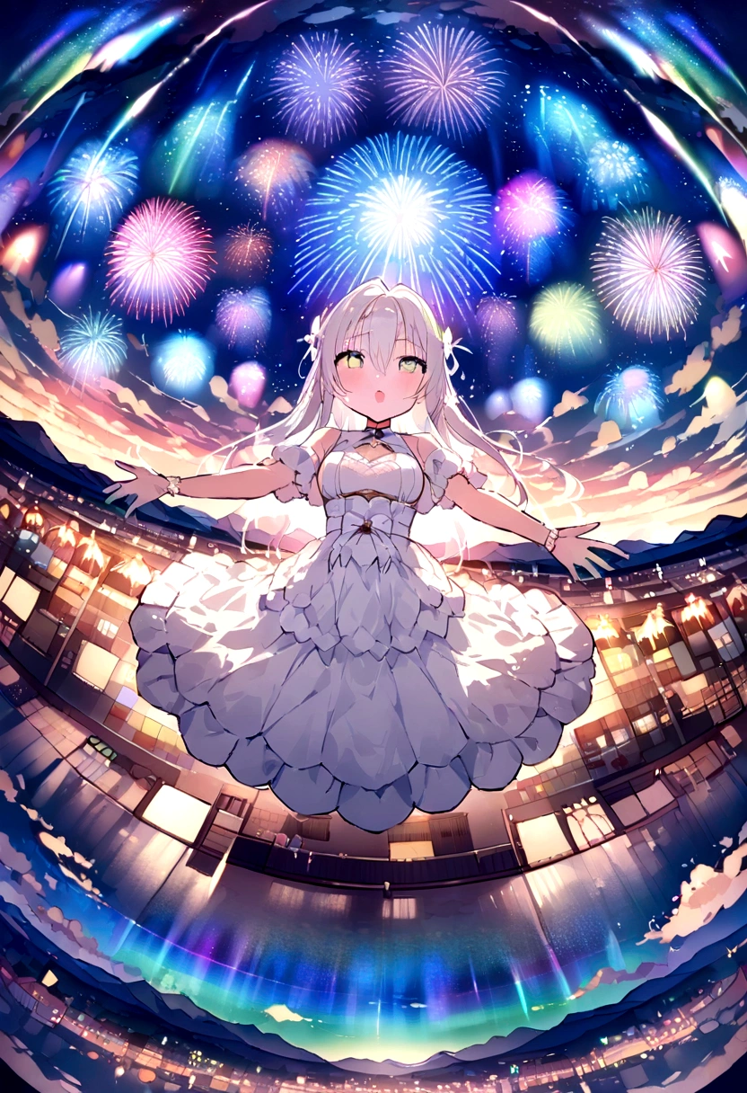 A stunning 8K RAW masterpiece, Glitter Splash captures the beauty of space, Girl in white dress, Spectacular aerial fireworks, Breathtaking views of the Aurora Borealis dancing in the Milky Way. The fisheye lens effect creates a festival atmosphere.((Uyuni salt lake))