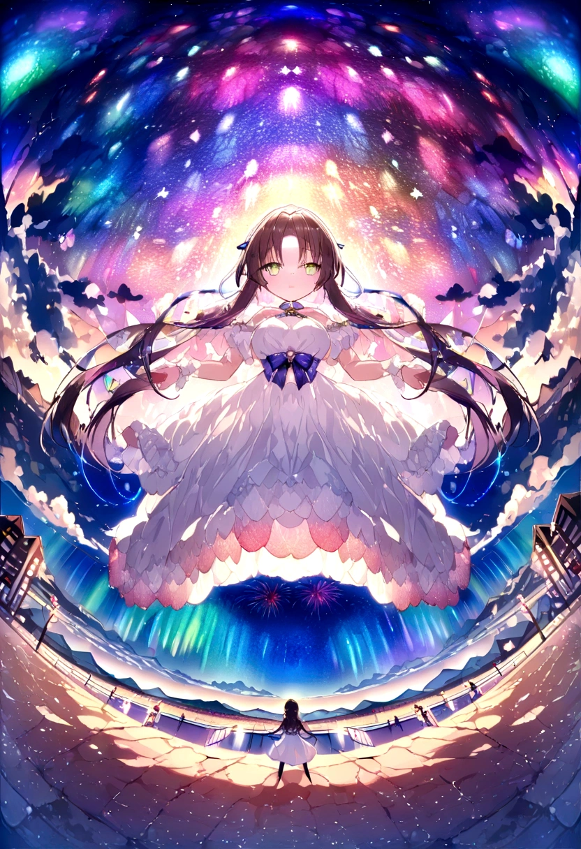 A stunning 8K RAW masterpiece, Glitter Splash captures the beauty of space, Girl in white dress, Spectacular aerial fireworks, Breathtaking views of the Aurora Borealis dancing in the Milky Way. The fisheye lens effect creates a festival atmosphere.((Uyuni salt lake))