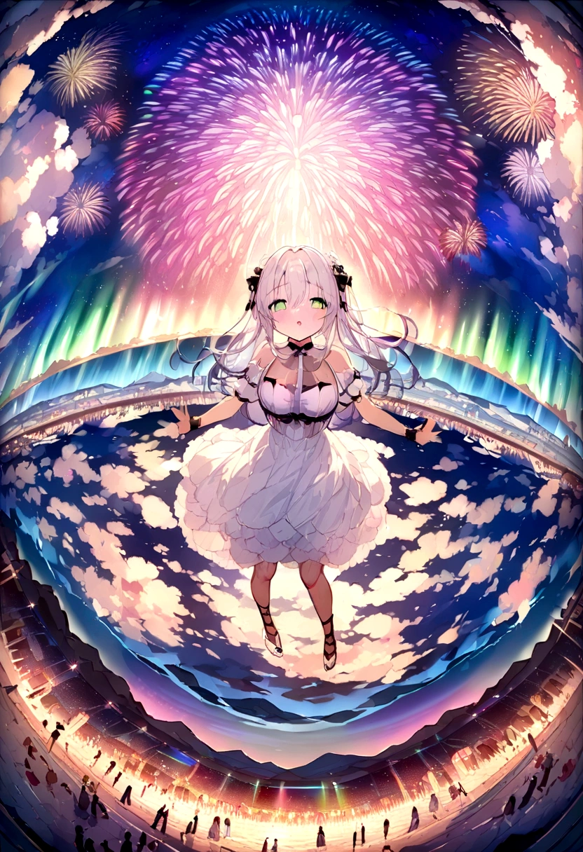 A stunning 8K RAW masterpiece, Glitter Splash captures the beauty of space, Girl in white dress, Spectacular aerial fireworks, Breathtaking views of the Aurora Borealis dancing in the Milky Way. The fisheye lens effect creates a festival atmosphere.((Uyuni salt lake))