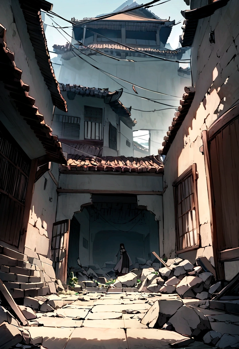 Generate three views of a somewhat dilapidated square courtyard from the Song Dynasty in China，No one lives here，The walls are broken.，There are a lot of potholes.，The corners are full of debris，Tank，broom，Tank里有几只鱼儿在游，这时一只青蛙跳到了Tank上边沿上，Ate a flying mosquito。
