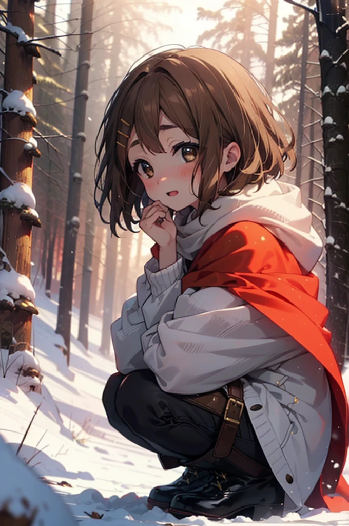 yuihirasawa, Yui Hirasawa, short hair, Brown Hair, hair ornaments, (Brown eyes:1.5), Hair Clip、smile,smile,blush,White Breath,
Open your mouth,snow,Ground bonfire,, Outdoor, boots, snowing, From the side, wood, suitcase, Cape, Blurred, , forest, White handbag, nature,  Squat, Mouth closed, Cape, winter, Written boundary depth, Black shoes, red Cape break looking at viewer, Upper Body, whole body, break Outdoor, forest, nature, break (masterpiece:1.2), Highest quality, High resolution, unity 8k wallpaper, (shape:0.8), (Beautiful and beautiful eyes:1.6), Highly detailed face, Perfect lighting, Extremely detailed CG, (Perfect hands, Perfect ),
