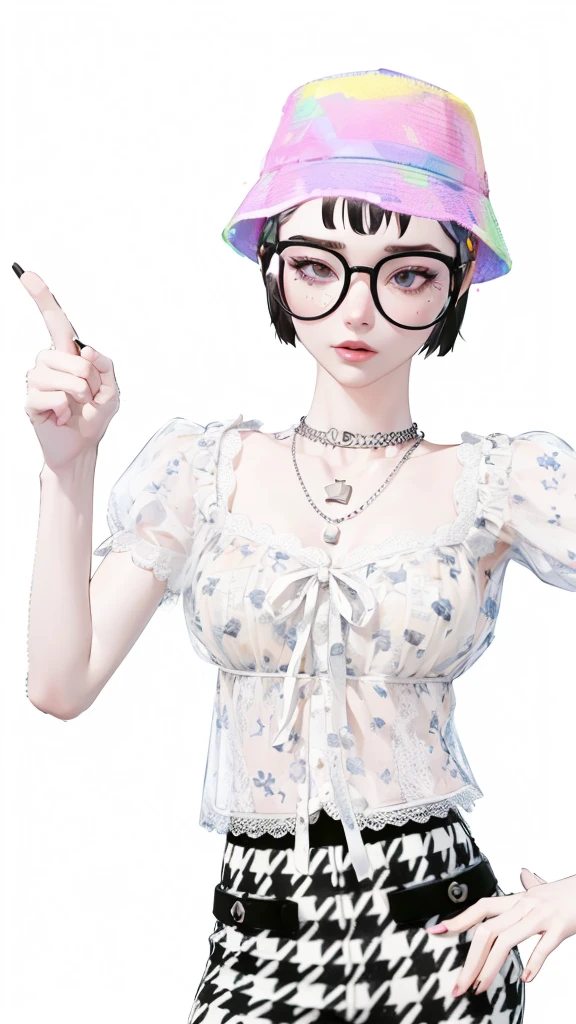 ( High quality , ultra detailed, careful with face and hands ) Dark, HD quality, Zepeto character, realistic woman body, wearing black glasses, colourful bucket cap, wearing see through shirt.